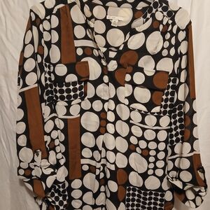 Black and White Polka Dot Blouse with Brown Accents